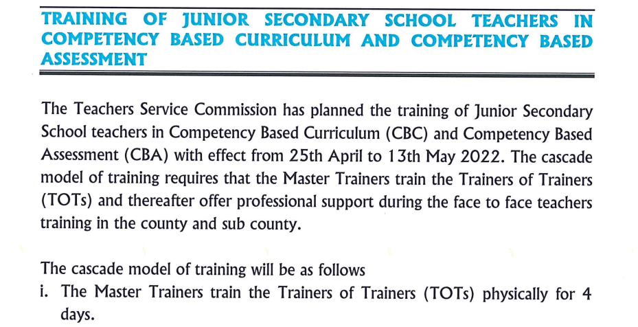 TSC makes changes on April CBC training on junior secondary (Circular)