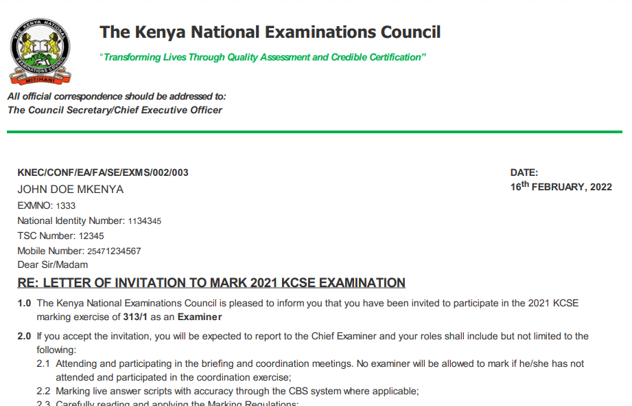 Knec Letter of invitation for marking of 2021 KCSE examination