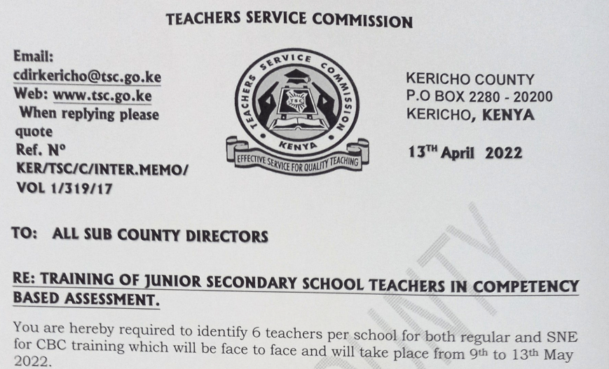 TSC latest circular on training of junior secondary school teachers in CBC