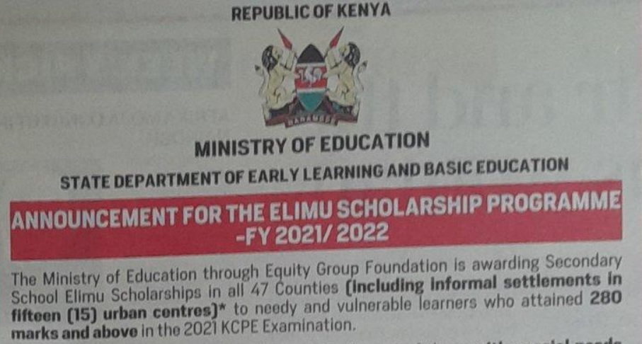 Elimu scholarship advert for needy learners with 280 marks and above deadline 6th May