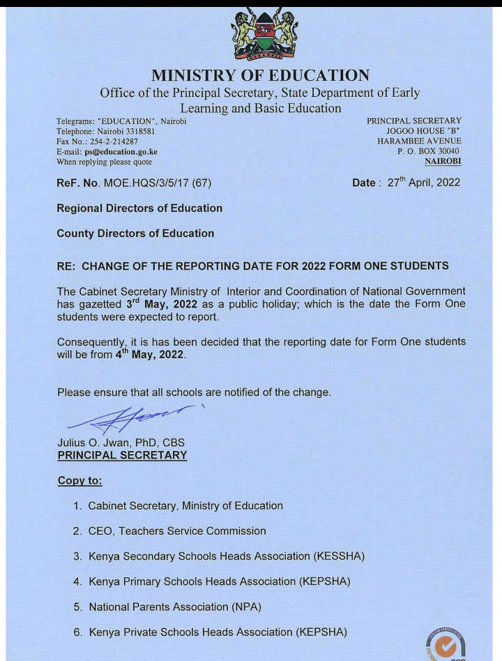 Ministry releases notice on change of Form 1 reporting date