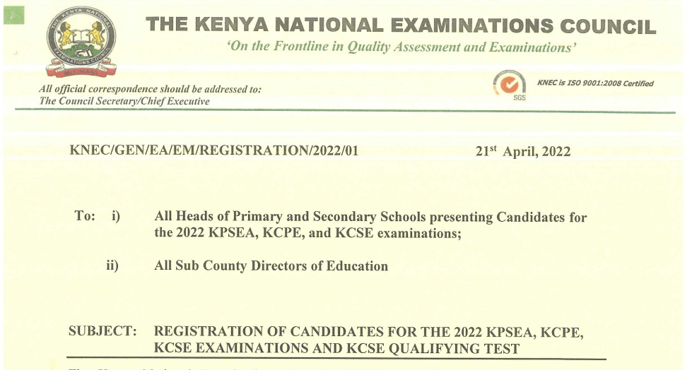 Knec circular guiding registration of 2022 KCPE and KCSE exams by 14th May