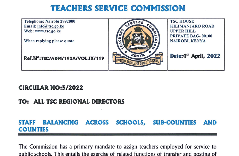 TSC official circular April mass transfers and staff balancing