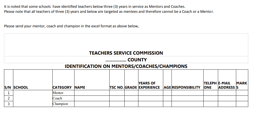 TSC new order to schools to identify Mentors, Coaches and Champions