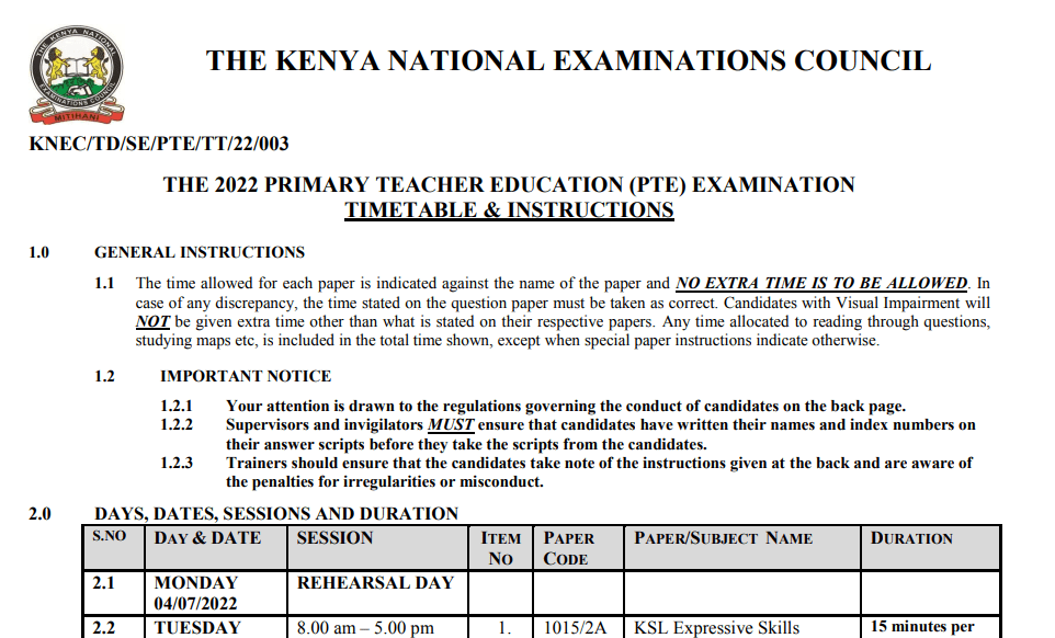 July 2022 PTE final resit timetable, instructions and penalties