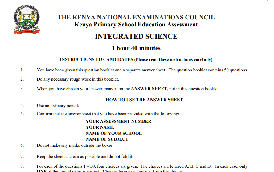 Knec Releases Samples Of Grade 6 KPSEA National Exams Click Here To