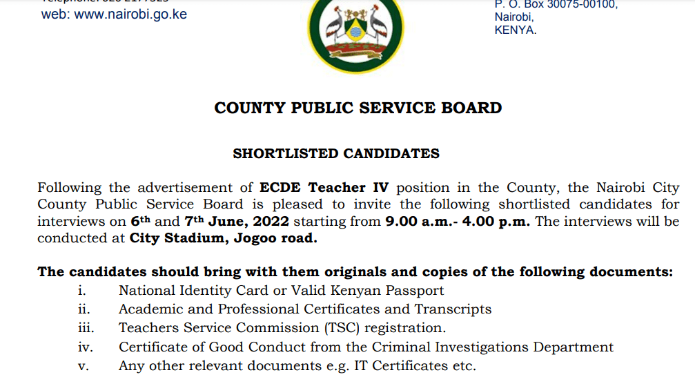 List of shortlisted candidates for ECDE jobs in Nairobi county - June 2022 interviews