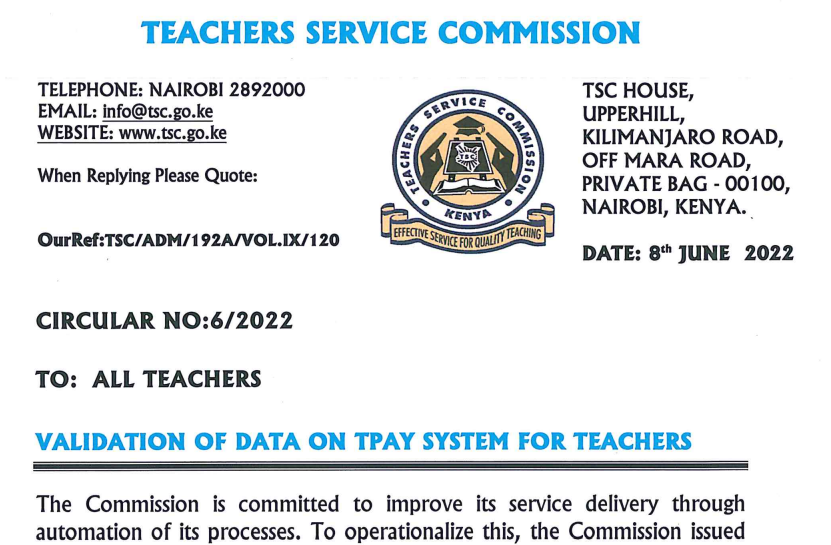 TSC latest circular on validation of profiles on TPAY system by 15th July