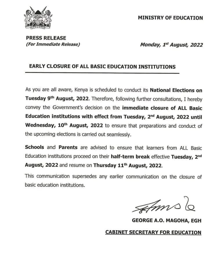 Magoha orders all primary and secondary schools to close tomorrow for midterm