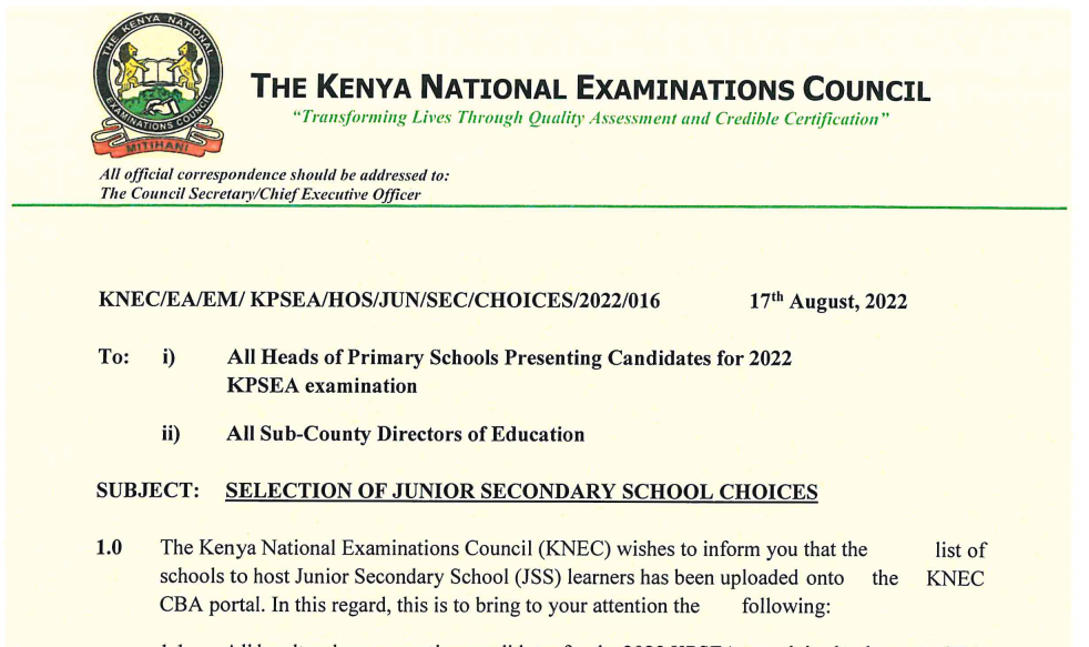 Knec circular guide on selection of junior secondary school choices by 30th Aug