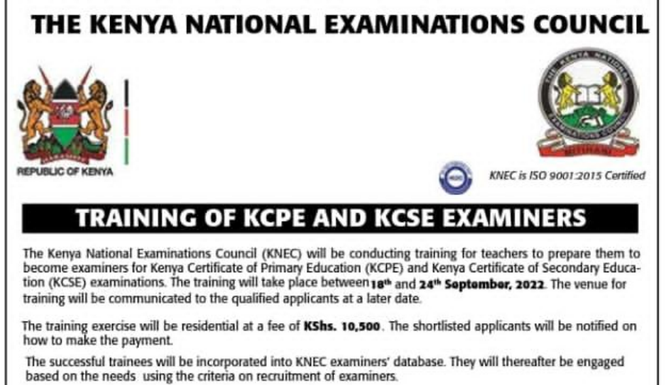 Knec advert for training of KCPE and KCSE examiners, apply by 31st August 2022