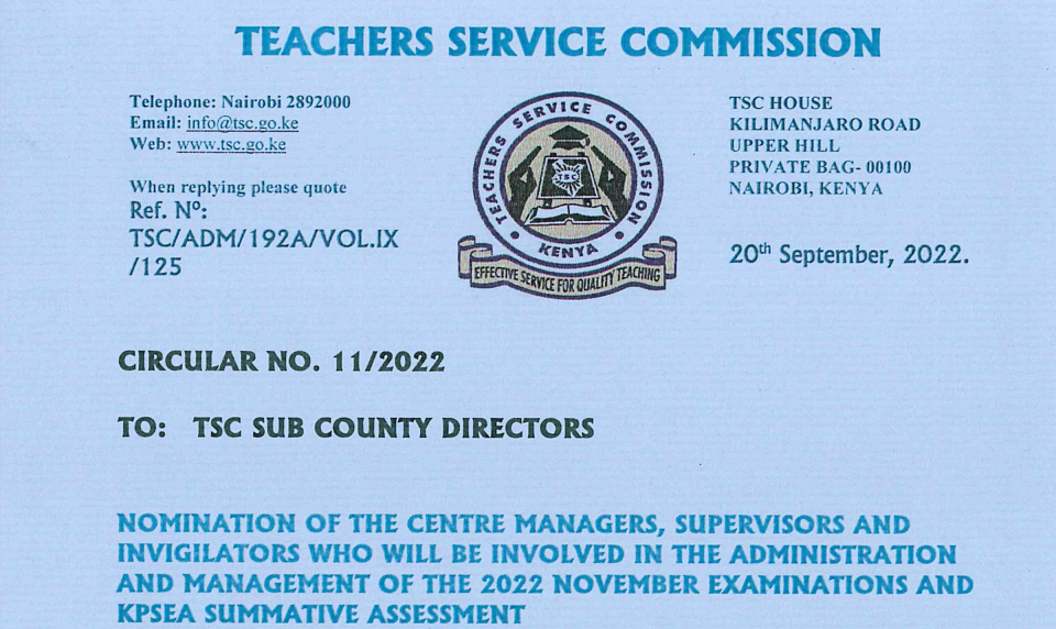 TSC circular on nomination of centre managers, supervisors and invigilators