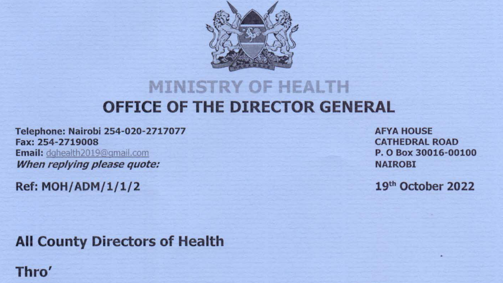 Ministry circular putting 6 counties to notice over outbreak