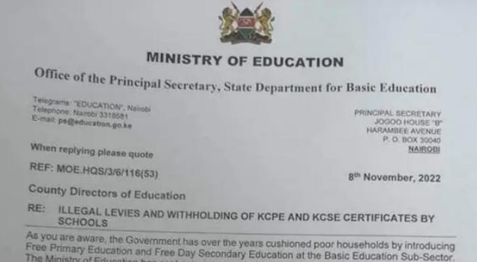 Ministry circular, illegal levies and withholding of KCPE, KCSE certs