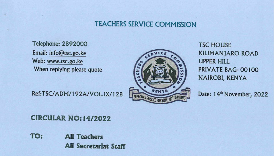 TSC latest circular to all teachers November 2022