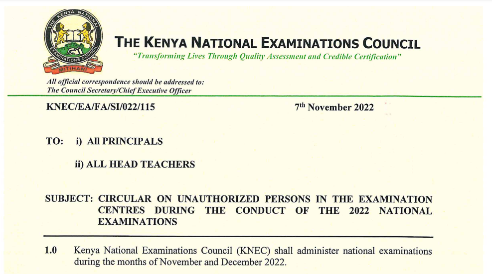 Knec circular: Unauthorized persons in exam centres during exams