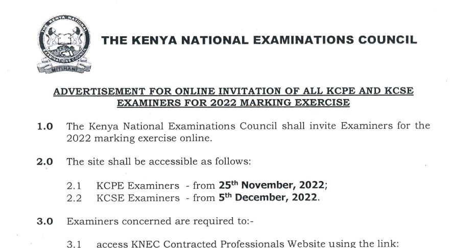 Knec invitation for marking of 2022 KCPE and KCSE exams