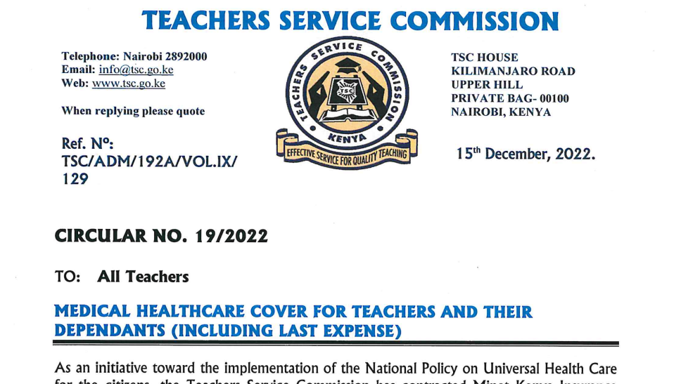 TSC latest circular, New teachers medical cover and benefits