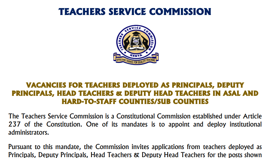 TSC advert promotion of teachers in Asal and Hard to Staff areas