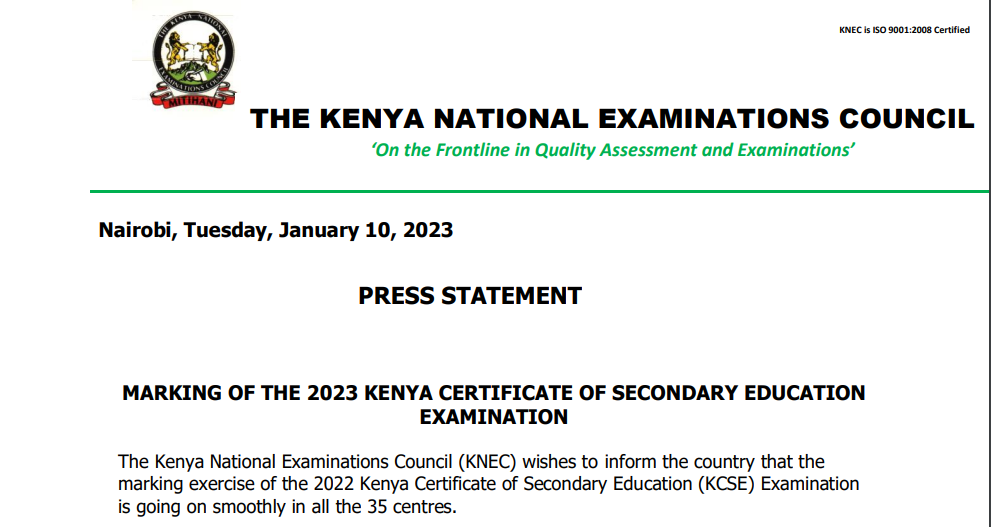 Knec statement on marking of 2023 KCSE examinations