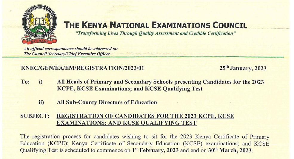 Knec Circular: Registration of 2023 KCPE, KCSE exam candidates