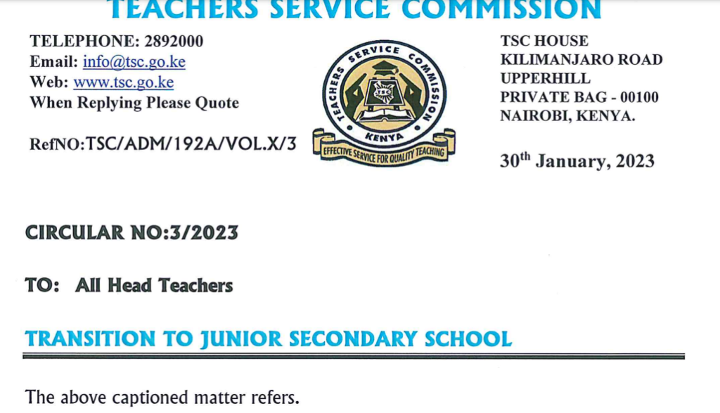 TSC circular addressed to junior secondary schools