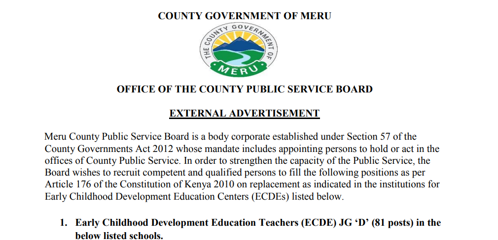 Advert for recruiting 81 ECDE teachers, Meru county