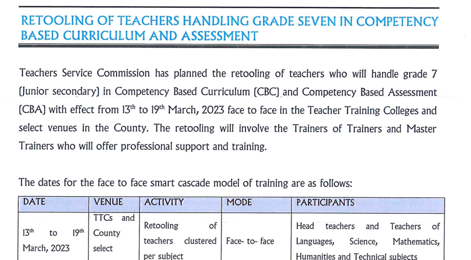 TSC latest circular on training of Grade 7 teachers and Principals