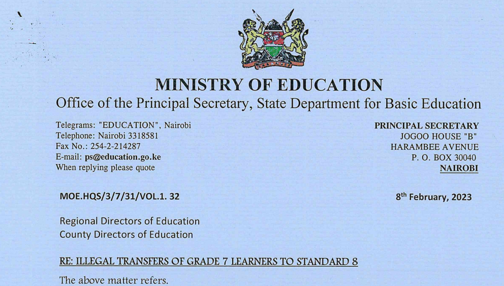 Circular: Illegal transfer of Grade 7 learners to Standard 8