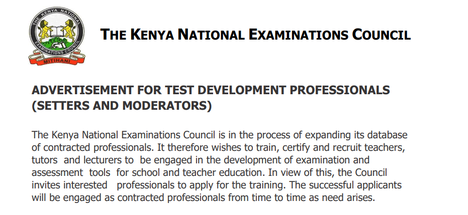 Knec advertisement for exam setters, application by 1st March