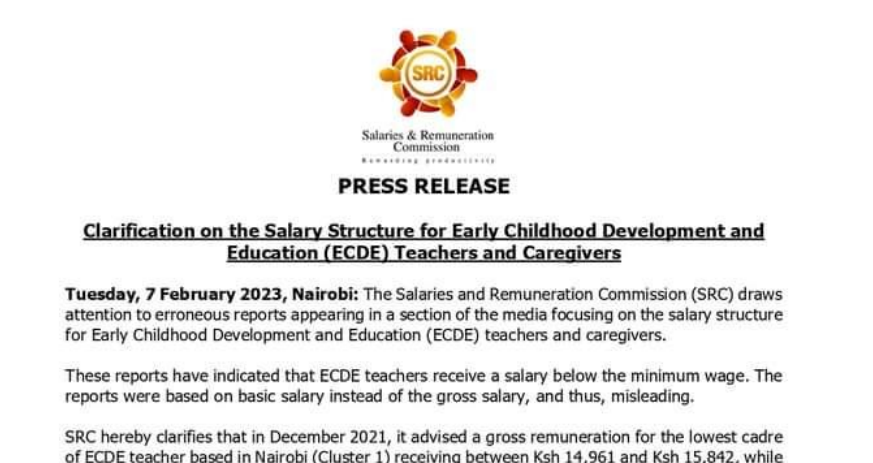 SRC issues clarification on what ECDE teachers should earn