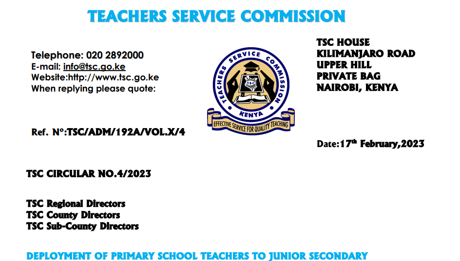 TSC Circular on vetting and deploying of P1 teachers to JSS