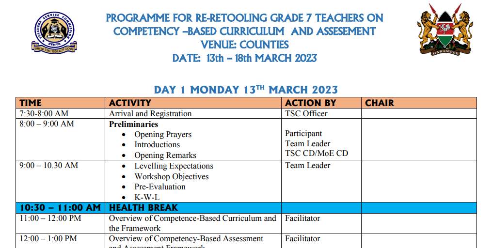 TSC CBC training programme for Grade 7 teachers in Counties