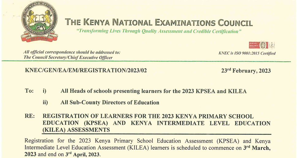 Knec circular guiding registration of Grade 6 for KPSEA by 3rd April