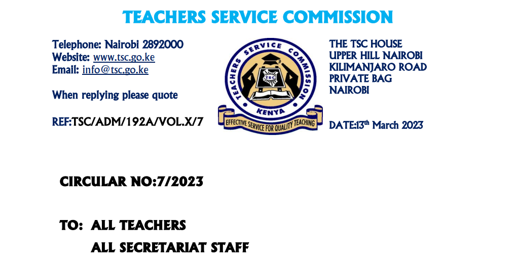 TSC latest circular to all teachers, dated 13th March 2023