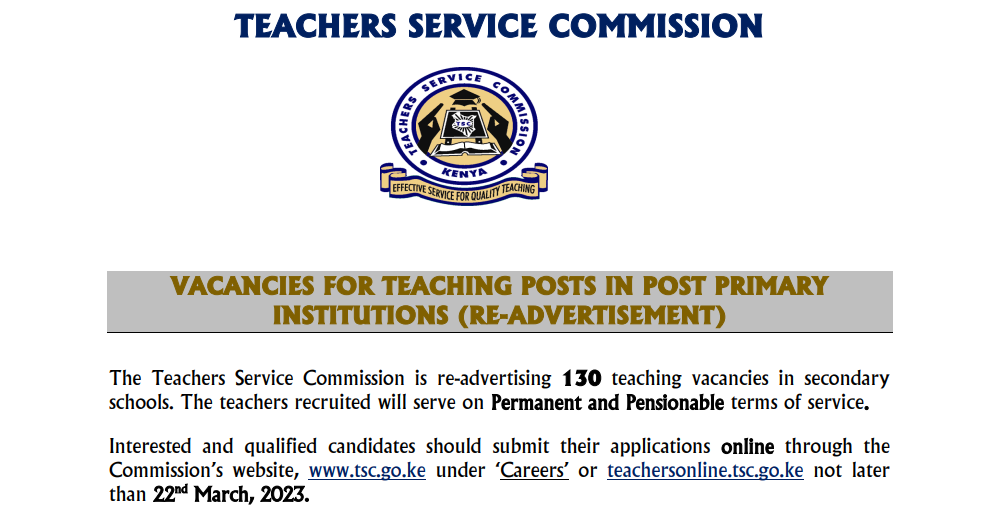 TSC 130 teaching vacancies in primary schools March 2023