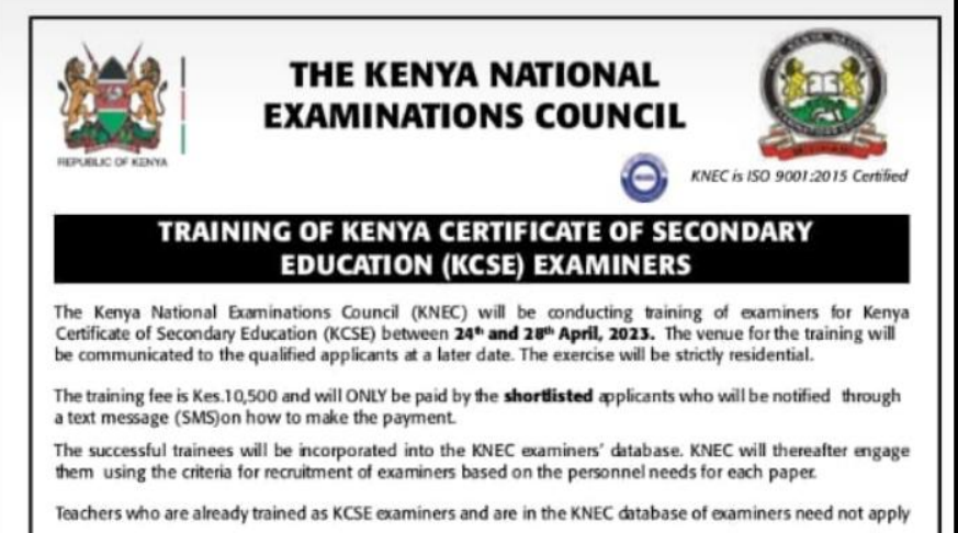 Knec advert for training of KCSE examiners in April 2023