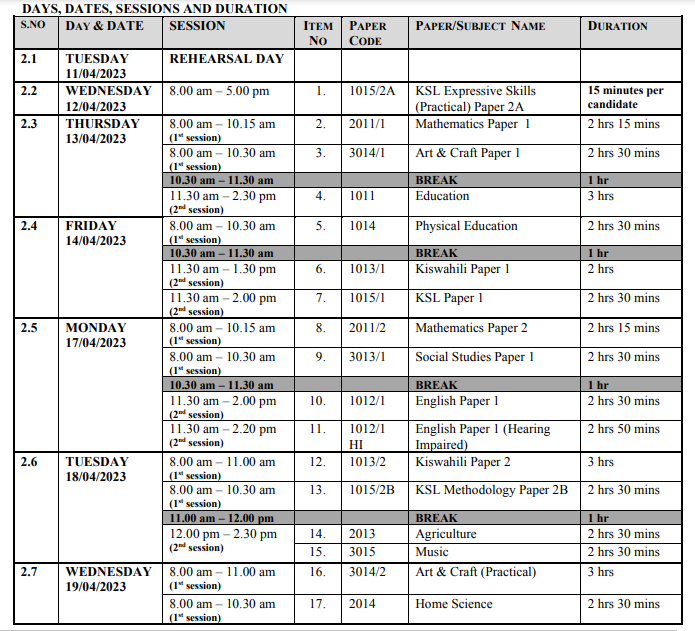 Knec 2023 PTE examination timetable and instructions