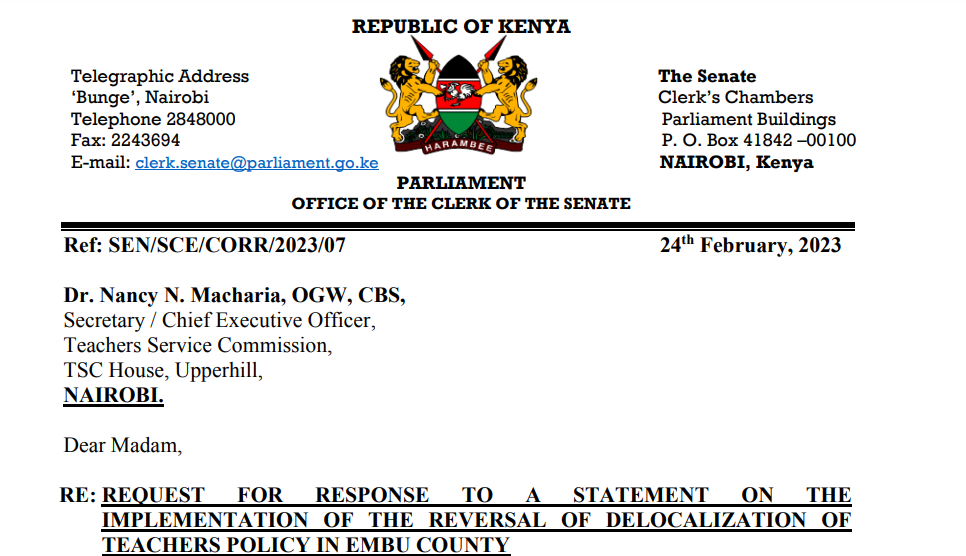 Senate on transfer of delocalized teachers, TSC to appear on 8th March