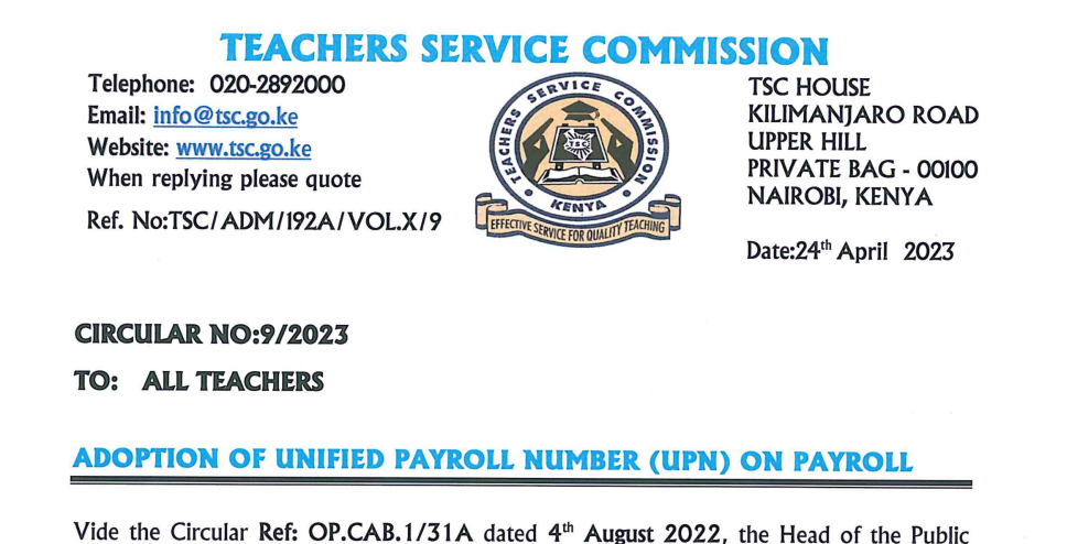 TSC Circular: Issuance of Unified Payroll Number to all teachers