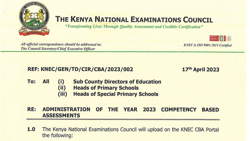 Knec circular: Administration of 2023 Grade 3, 4, 5 national assessments