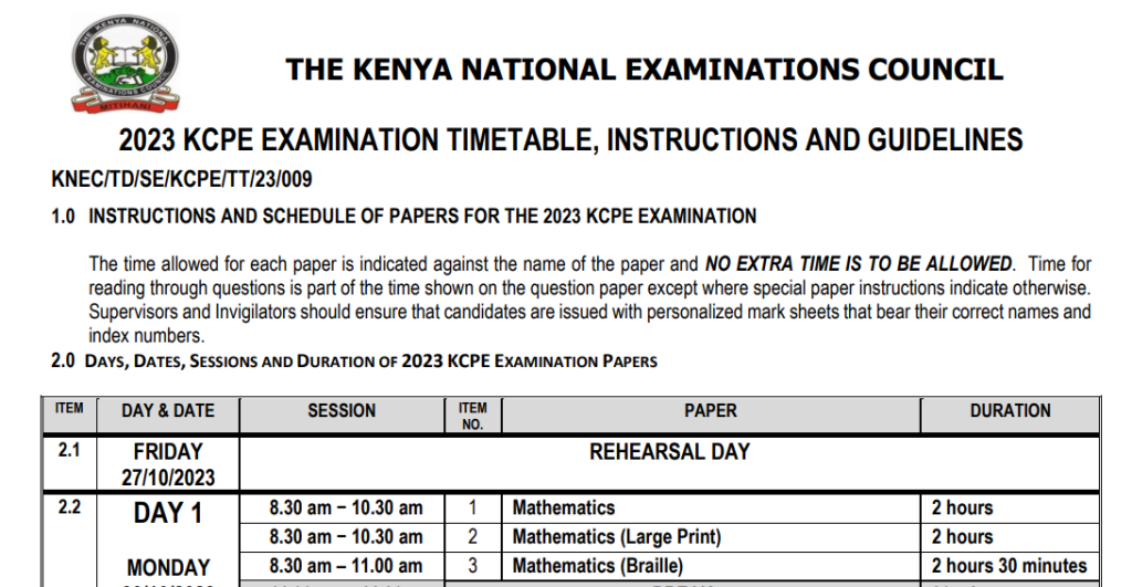 Download KCPE and KPSEA 2023 exam timetables (pdf)