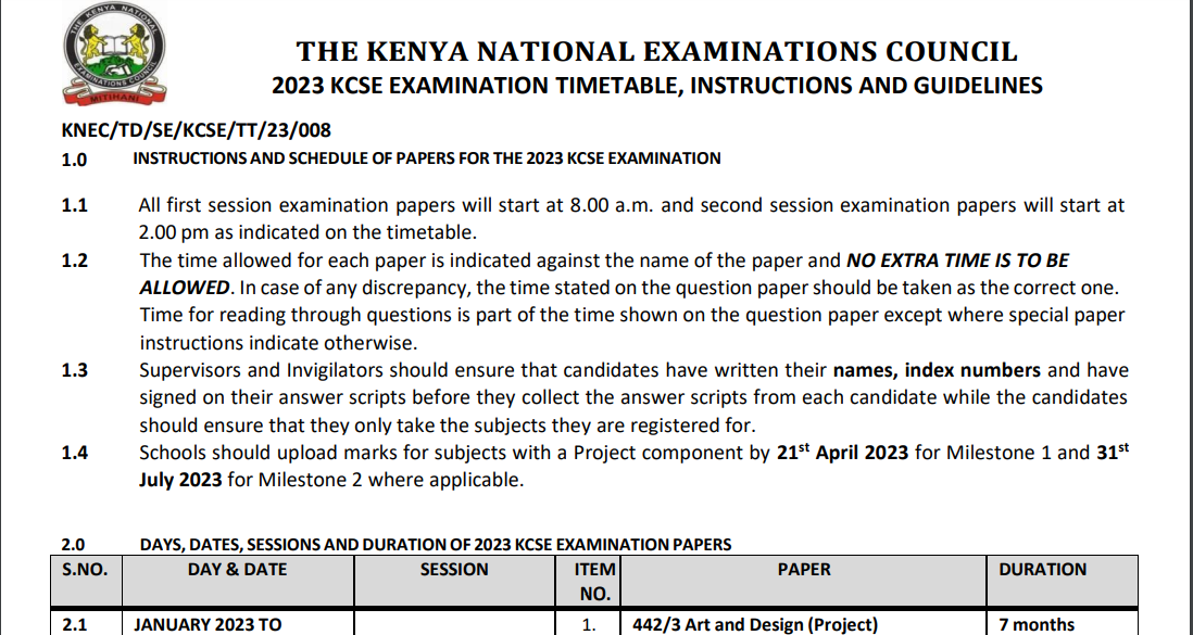 2023 KCSE, KCPE And KPSEA Exam Timetables (pdf Download)