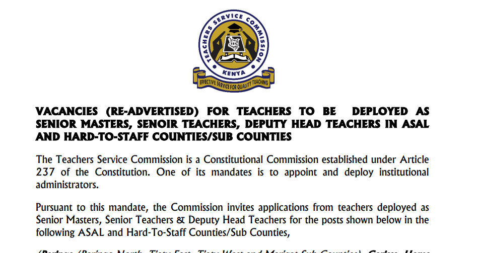 TSC advert for deputy headteachers, senior teachers and masters