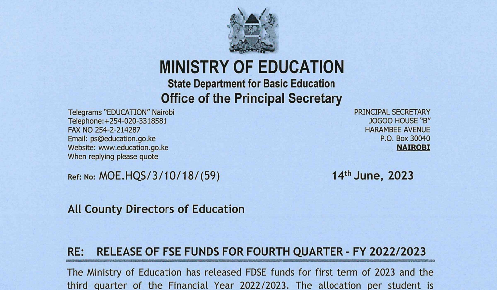 Circular: Release of free secondary education funds (June 2023)