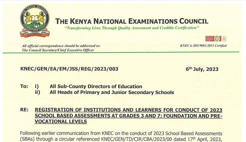 Knec July circular on registration of Grade 3 and 7 and schools