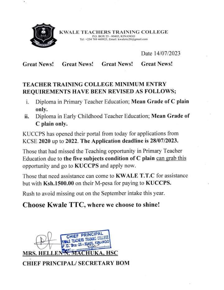 KUCCPS TTC intake application for DPTE, DECTE by 28/7/2023