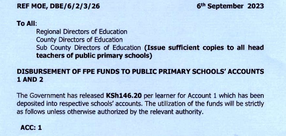 Free Primary Education (FPE) term 3 funds breakdown