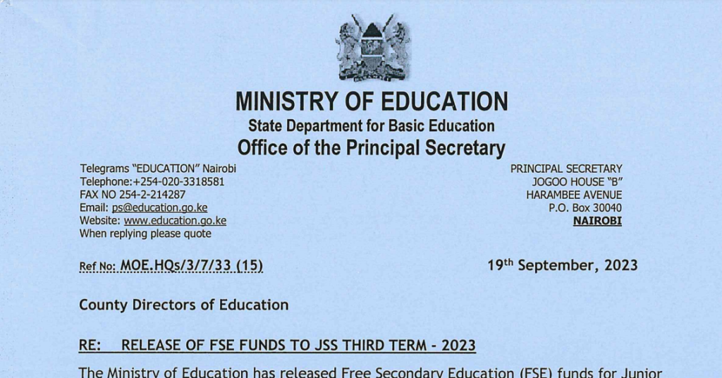 Circular on term 3 funds disbursement to junior secondary schools