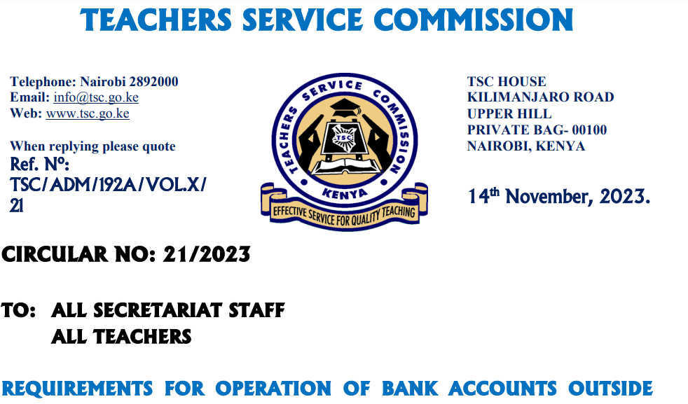 TSC latest circular to all teachers 14th November on bank accounts